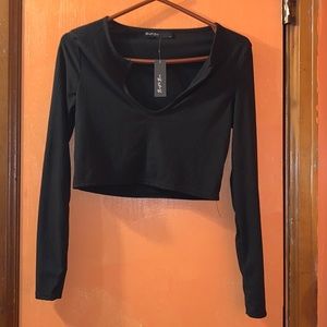 *3 for $25* Brit & Bri NWT BLACK Open neck Crop long sleeve Top Size Medium